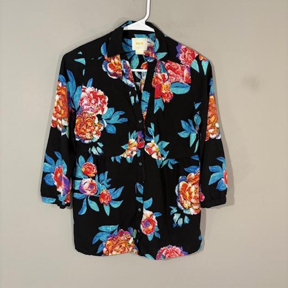 Maeve Blouse Womens 4 Multicolor Floral Collared 3/4 Sleeve Button Rayon Top